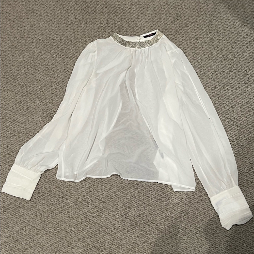 Elegant White Blouse with Beaded Collar